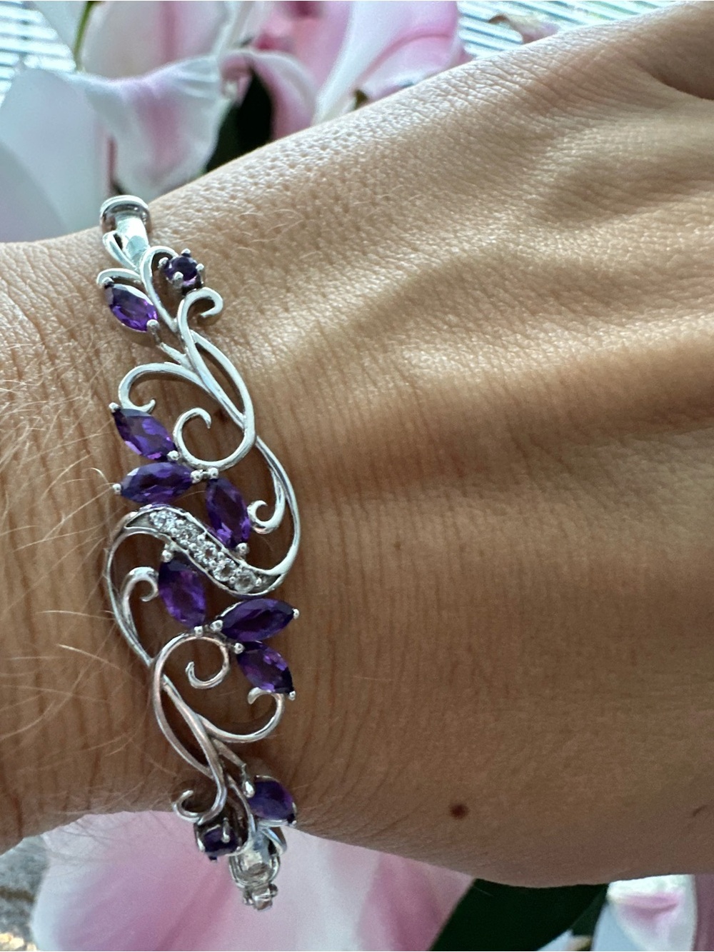 Elegant 925 Sterling Silver Amethyst Marquise Bangle Bracelet Floral Vine Design